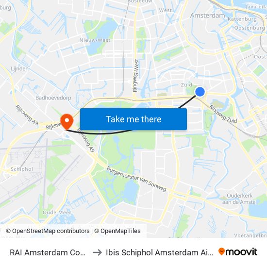 RAI Amsterdam Convention Centre to Ibis Schiphol Amsterdam Airport Badhoevedorp map