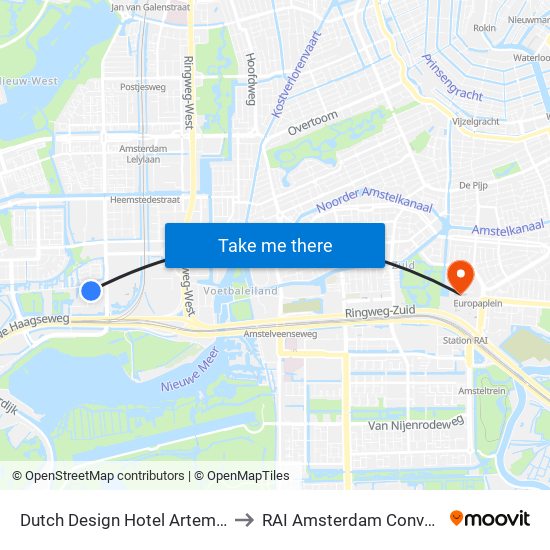 Dutch Design Hotel Artemis Amsterdam to RAI Amsterdam Convention Centre map