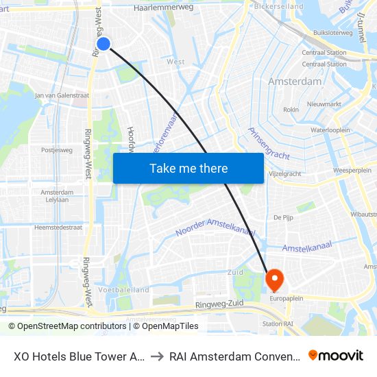 XO Hotels Blue Tower Amsterdam to RAI Amsterdam Convention Centre map