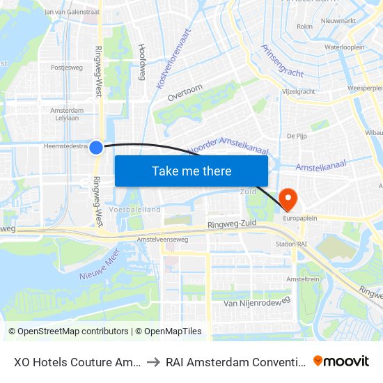 XO Hotels Couture Amsterdam to RAI Amsterdam Convention Centre map