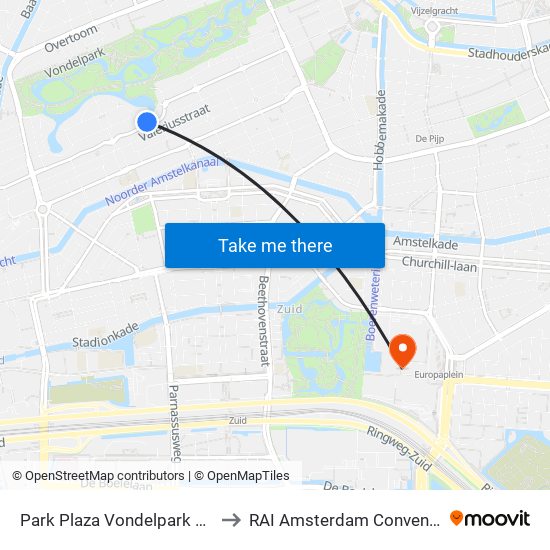 Park Plaza Vondelpark Amsterdam to RAI Amsterdam Convention Centre map