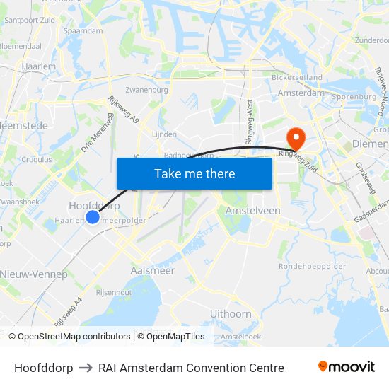 Hoofddorp to RAI Amsterdam Convention Centre map