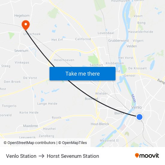 Venlo Station to Horst Sevenum Station map