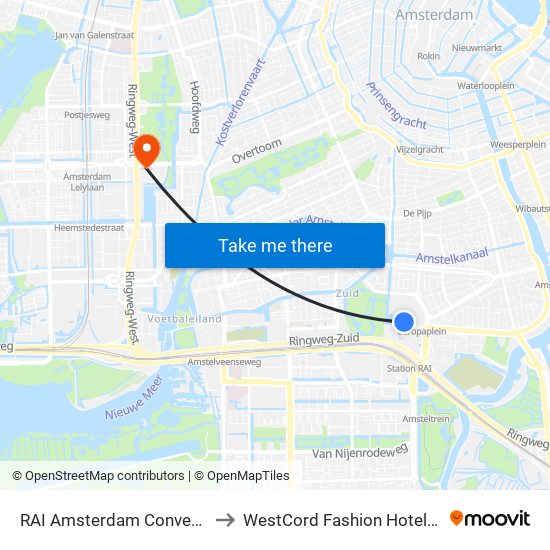 RAI Amsterdam Convention Centre to WestCord Fashion Hotel Amsterdam map