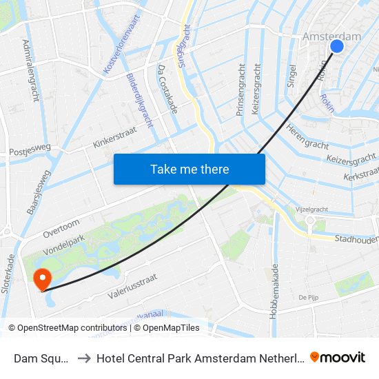 Dam Square to Hotel Central Park Amsterdam Netherlands map