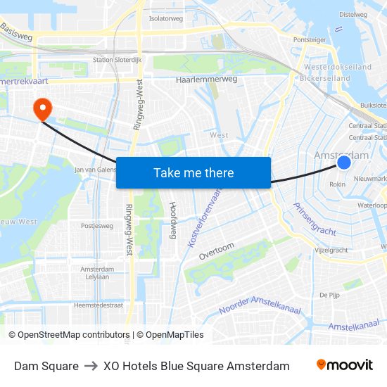 Dam Square to XO Hotels Blue Square Amsterdam map