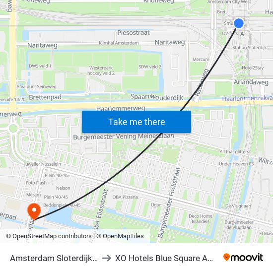 Amsterdam Sloterdijk Station to XO Hotels Blue Square Amsterdam map