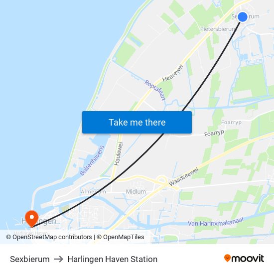Sexbierum to Harlingen Haven Station map
