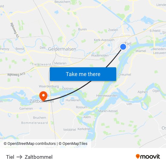 Tiel to Zaltbommel map
