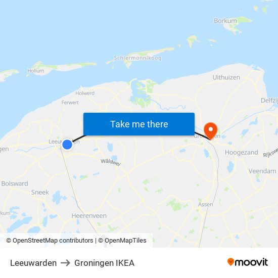 Leeuwarden to Groningen IKEA map