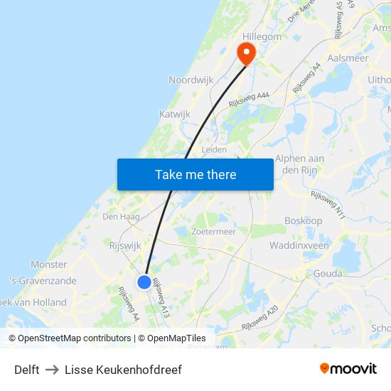 Delft to Lisse Keukenhofdreef map