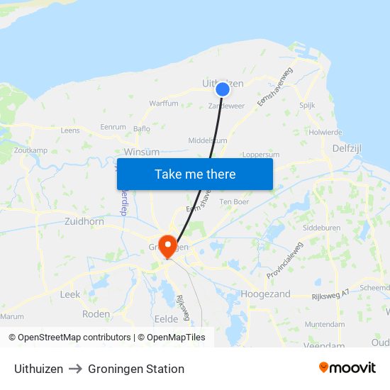 Uithuizen to Groningen Station map