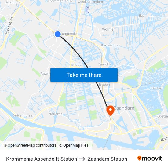 Krommenie Assendelft Station to Zaandam Station map