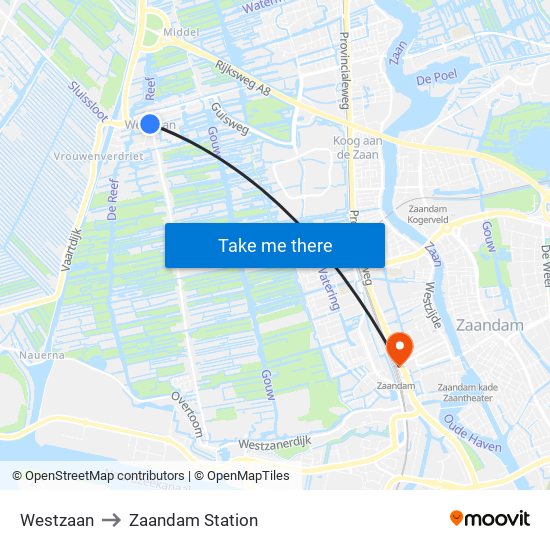 Westzaan to Zaandam Station map