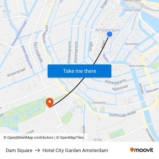 Dam Square to Hotel City Garden Amsterdam map