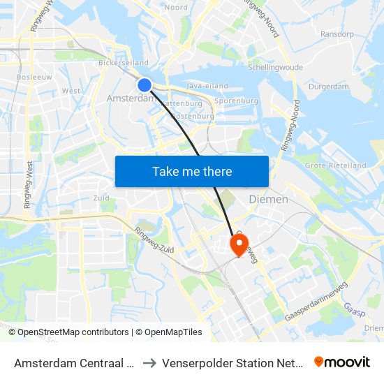 Amsterdam Centraal Station to Venserpolder Station Netherlands map