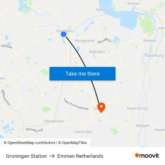 Groningen Station to Emmen Netherlands map