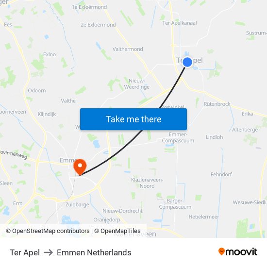 Ter Apel to Emmen Netherlands map