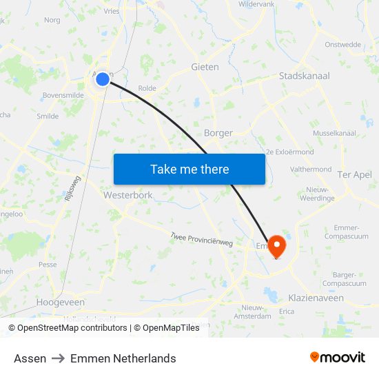 Assen to Emmen Netherlands map