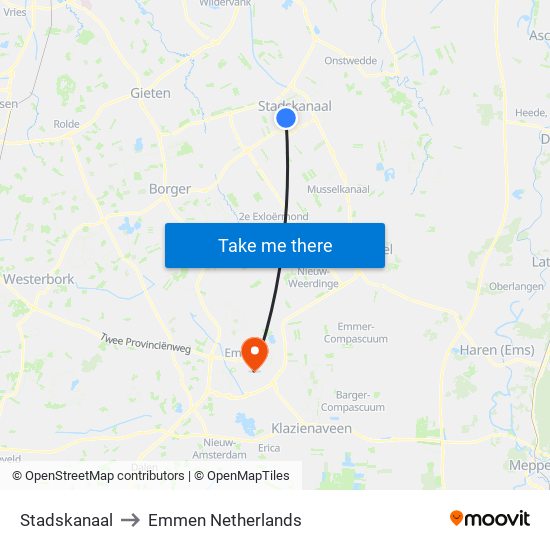 Stadskanaal to Emmen Netherlands map