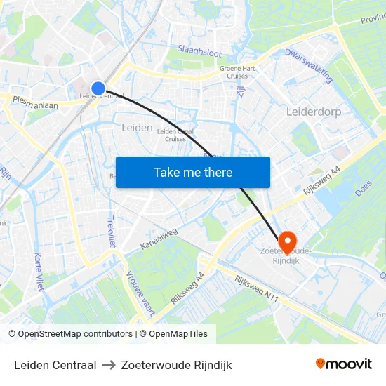 Leiden Centraal to Zoeterwoude Rijndijk map