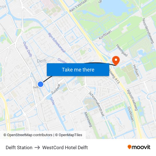 Delft Station to WestCord Hotel Delft map