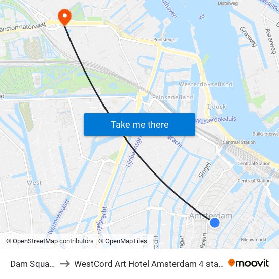 Dam Square to WestCord Art Hotel Amsterdam 4 stars map