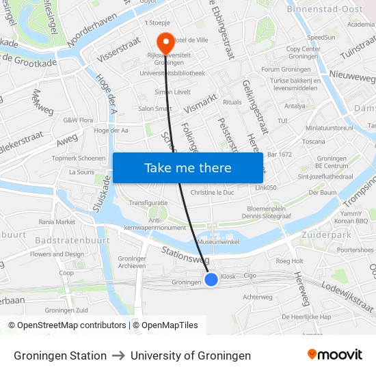 Groningen Station to University of Groningen map