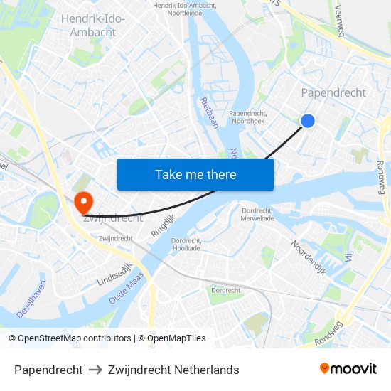 Papendrecht to Zwijndrecht Netherlands map