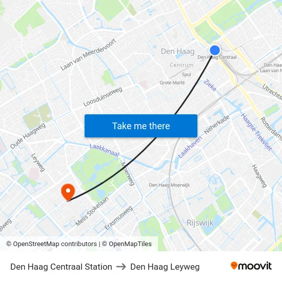 Den Haag Centraal Station to Den Haag Leyweg map