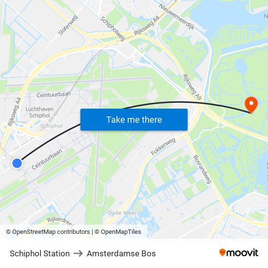 Schiphol Station to Amsterdamse Bos map