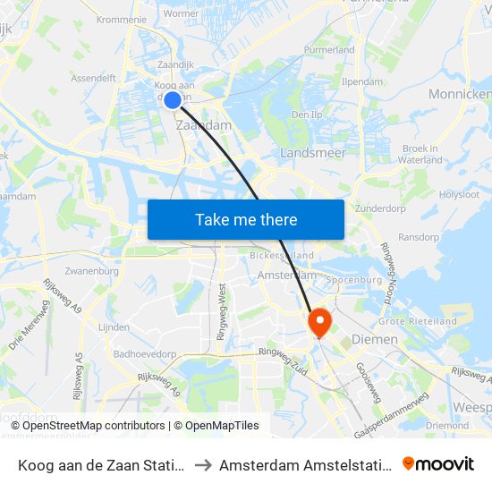 Koog aan de Zaan Station to Amsterdam Amstelstation map