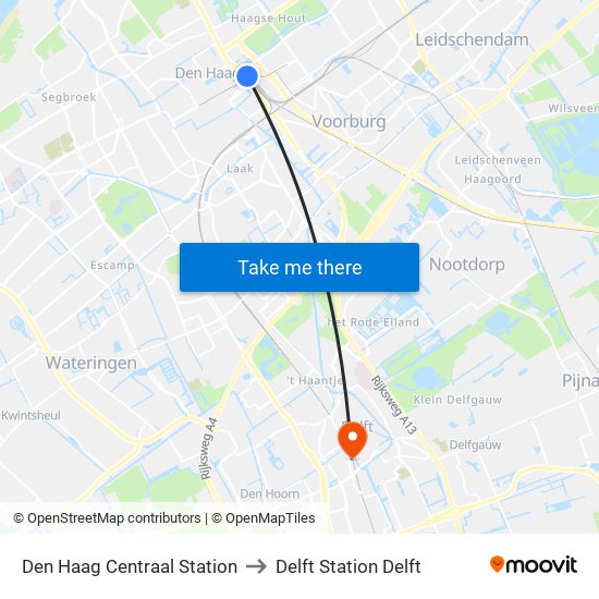 Den Haag Centraal Station to Delft Station Delft map