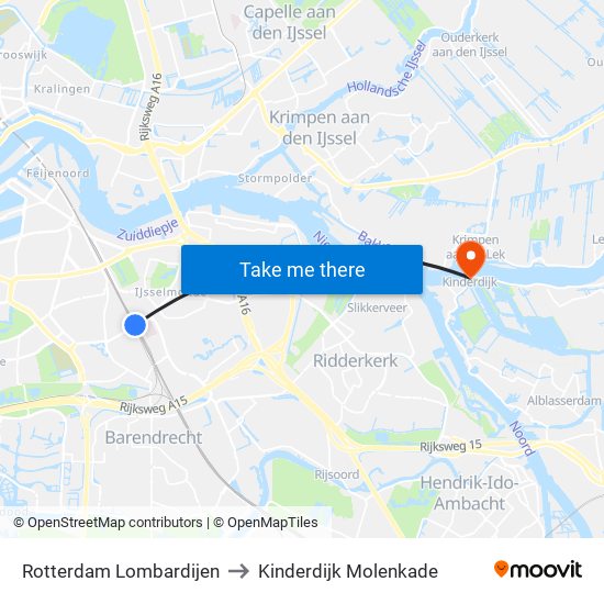 Rotterdam Lombardijen to Kinderdijk Molenkade map