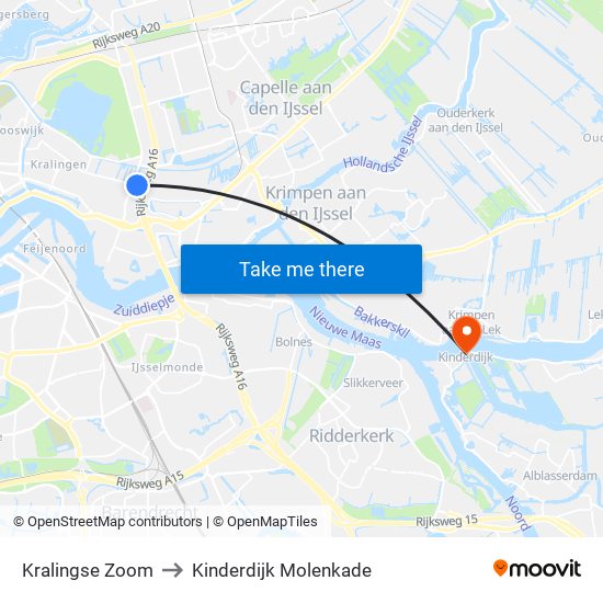 Kralingse Zoom to Kinderdijk Molenkade map