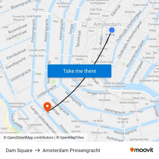 Dam Square to Amsterdam Prinsengracht map