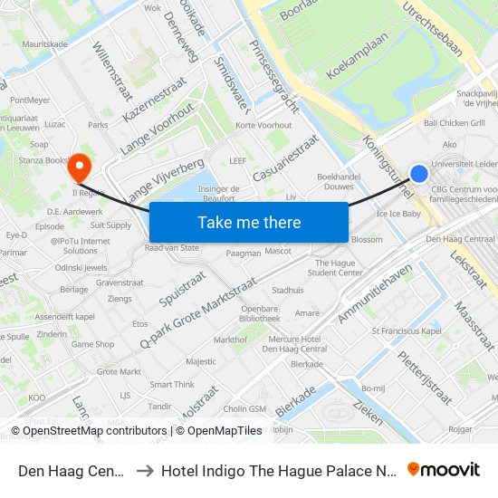 Den Haag Centraal Station to Hotel Indigo The Hague Palace Noordeinde an IHG Hotel map