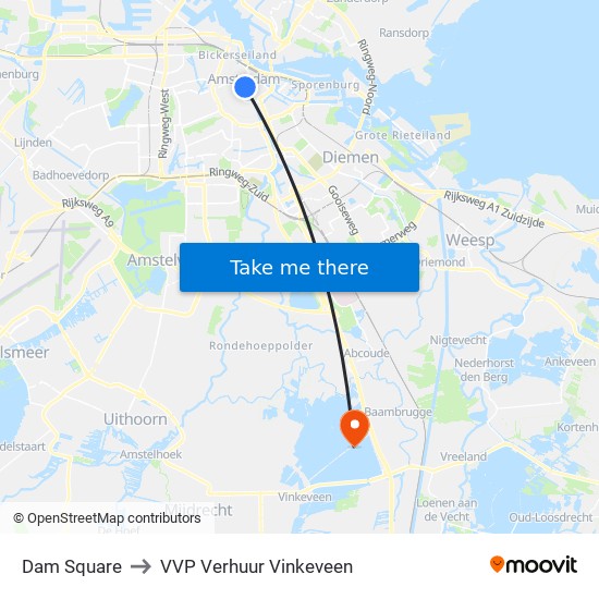 Dam Square to VVP Verhuur Vinkeveen map