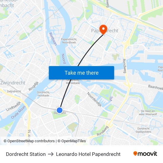 Dordrecht Station to Leonardo Hotel Papendrecht map