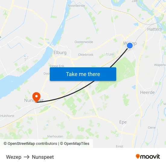 Wezep to Nunspeet map