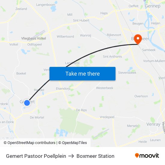 Gemert Pastoor Poellplein to Boxmeer Station map