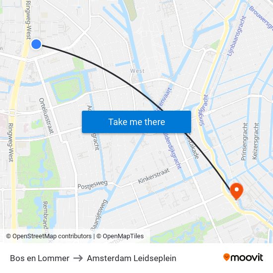 Bos en Lommer to Amsterdam Leidseplein map
