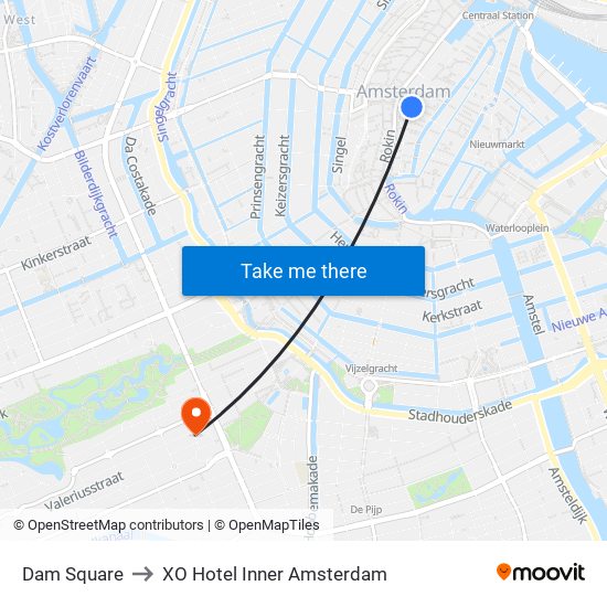 Dam Square to XO Hotel Inner Amsterdam map