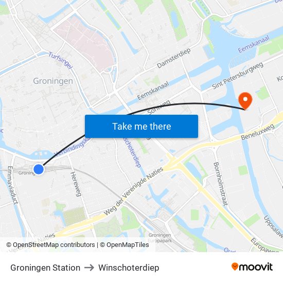 Groningen Station to Winschoterdiep map