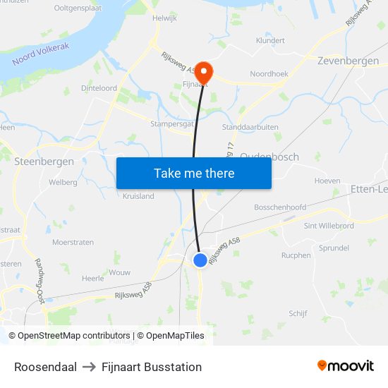 Roosendaal to Fijnaart Busstation map