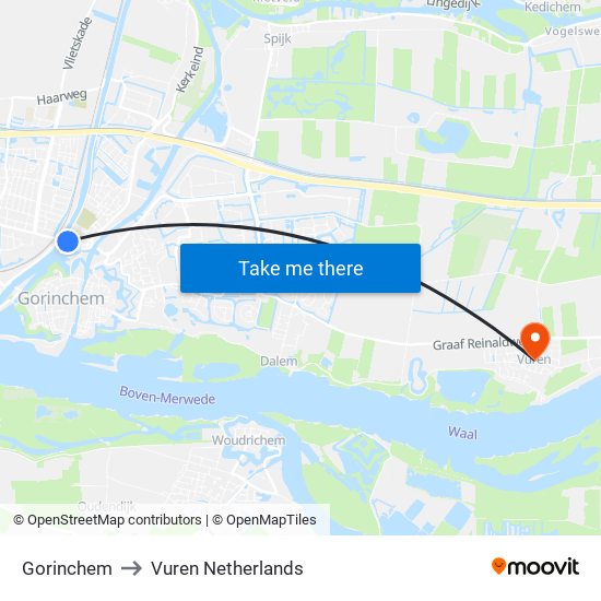 Gorinchem to Vuren Netherlands map