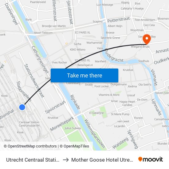 Utrecht Centraal Station to Mother Goose Hotel Utrecht map