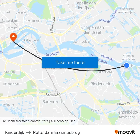 Kinderdijk to Rotterdam Erasmusbrug map
