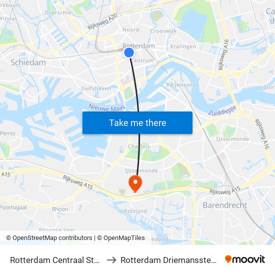 Rotterdam Centraal Station to Rotterdam Driemanssteeweg map