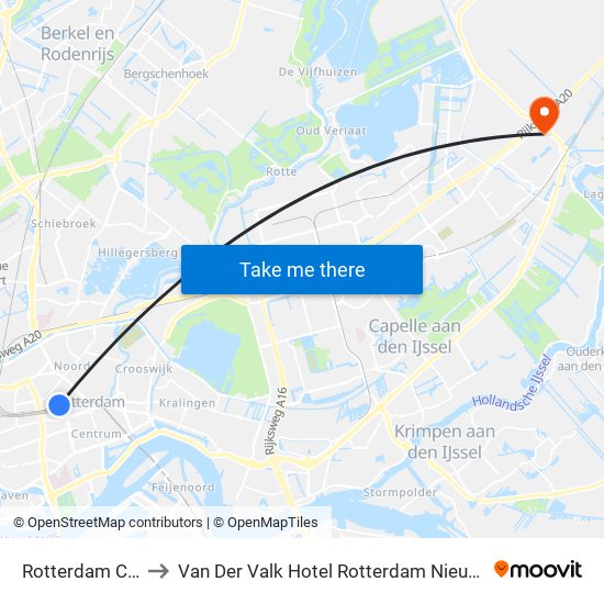 Rotterdam Centraal Station to Van Der Valk Hotel Rotterdam Nieuwerkerk Nieuwerkerk aan den IJssel map